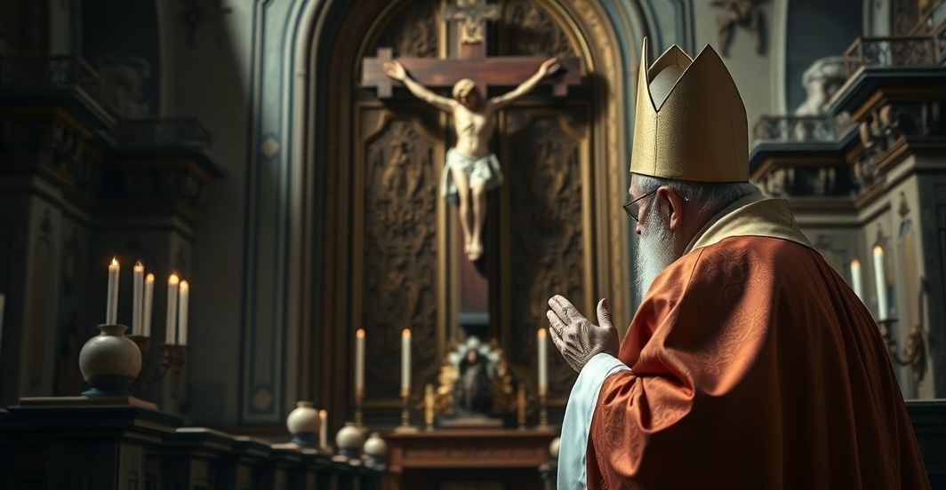 Reverentny obraz katolickiego biskupa modlącego się przed krucyfiksem w kościele, symbolizujący troskę o prawdziwą wiarę i krytykę modernistycznej hierarchii