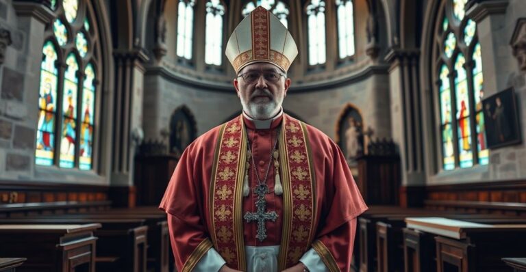 Fotografia realistyczna biskupa katolickiego w tradycyjnym stroju, w świątyni, symbolizująca krytykę modernistycznych wydarzeń kościelnych