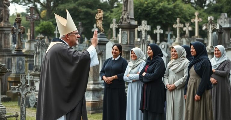 Zdjęcie wiernego katolickiego kapłana błogosławiącego grupę wolontariuszy przy starym cmentarzu, odzwierciedlające tradycyjną religijność i krytykę modernistycznego aktywizmu