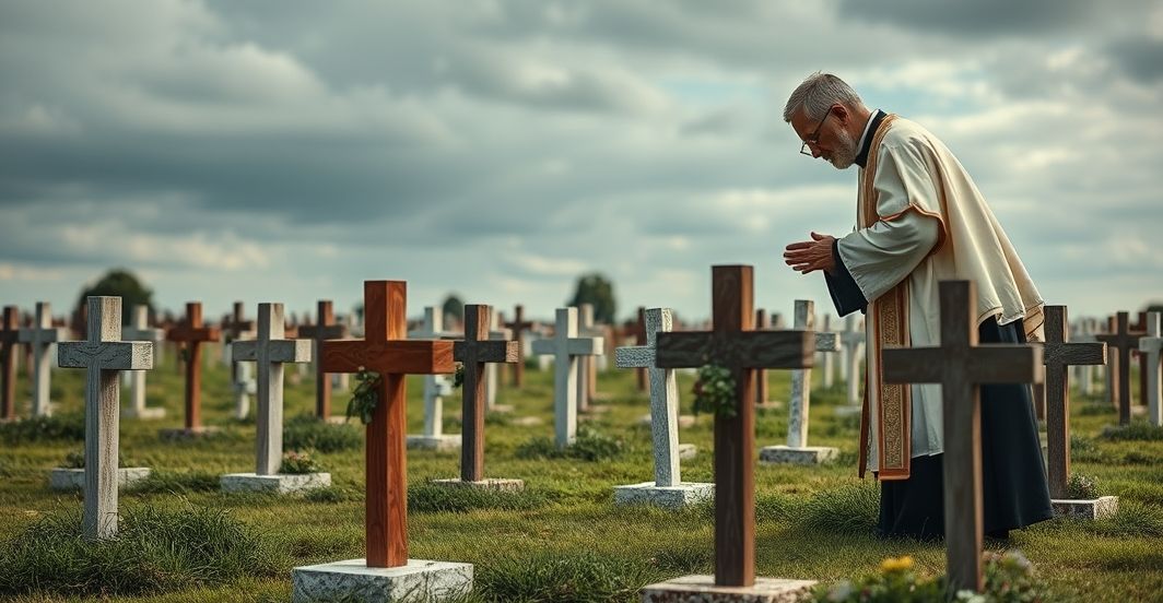 Rekolekcja katolicka na cmentarzu z kapłanem błogosławiącym groby z metalowymi krzyżami, oddając szacunek duszom zmarłych zgodnie z tradycją
