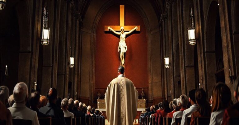 Duchown katolicki w tradycyjnym stroju stojący przed krucyfiksem w kościele, refleksja nad odnową wiary i zagrożeniami apostazji