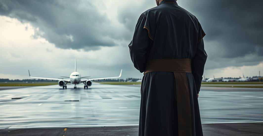 Kapłan w tradycyjnym stroju katolickim patrzący na lotnisko podczas burzy, symbolizujący duchową pustkę i kryzys wiary w czasach nowoczesnego chaosu