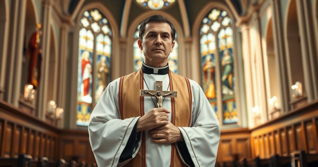 Religijny obraz katolickiego kapłana w tradycyjnych szatach w świątyni, podkreślający powagę i wierność naukom Kościoła
