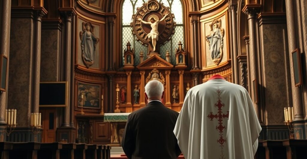 Kapłan w tradycyjnej szacie stojący przed ołtarzem w starej, sakralnej świątyni, wyraz powagi i kontemplacji, symbolizujący katolicką wierność i krytykę modernistycznych tendencji
