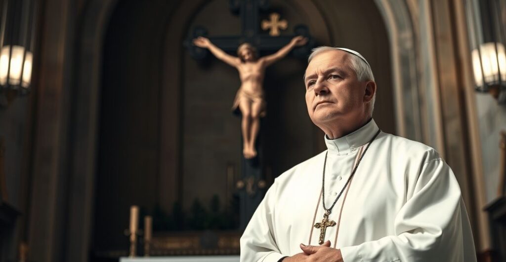 Ksiądz katolicki w tradycyjnym stroju przed krucyfiksem w kościele, symbolizujący krytykę laicyzacji i zagrożeń moralnych w polityce zdrowotnej