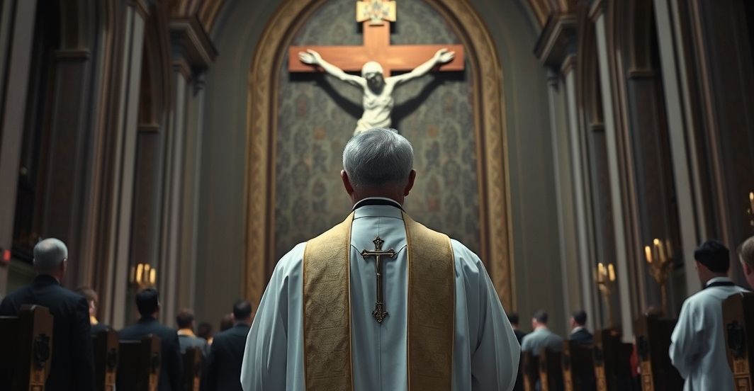 Ksiądz katolicki w tradycyjnych szatach przy krucyfikcie, wyraz troski i krytyki wobec współczesnej pomocy charytatywnej