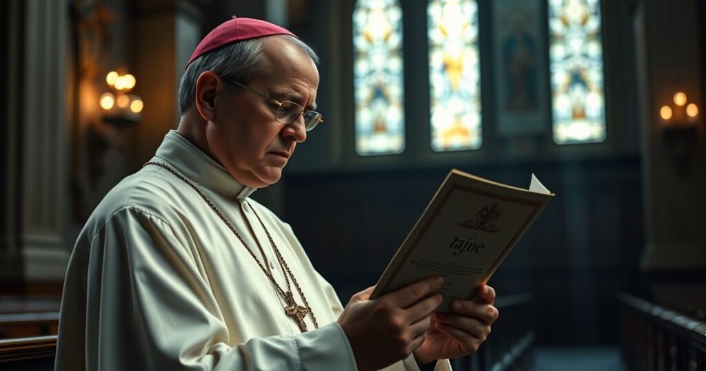 Kapłan w sutannie czyta dokument oznaczony 'tajne' w kościele, symbolizujący kryzys dyscypliny i zdrady w Kościele katolickim.