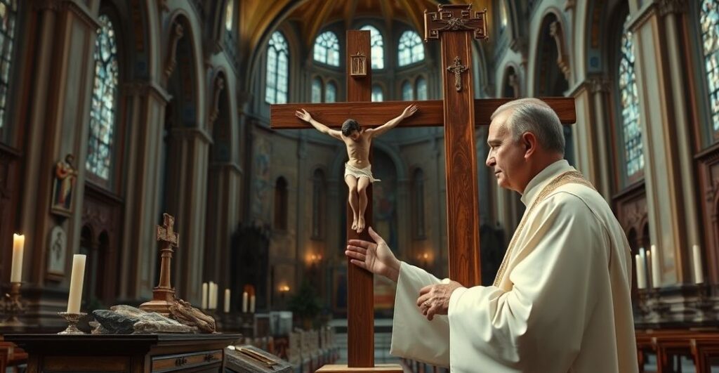 Reverentny obraz katolickiego kapłana czczącego Krzyż w historycznym wnętrzu bazyliki, podkreślając jego sakralne znaczenie