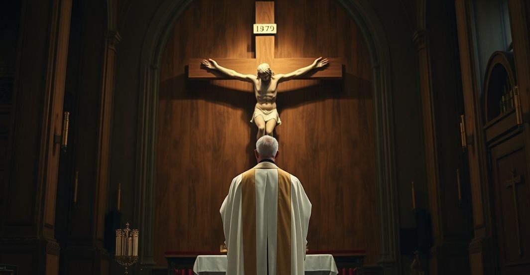 Kapłan w kościele przed krzyżem, symbol prawdziwego Zbawienia, w realistycznym, sakralnym ujęciu, ukazujący powagę i głębię teologii Krzyża