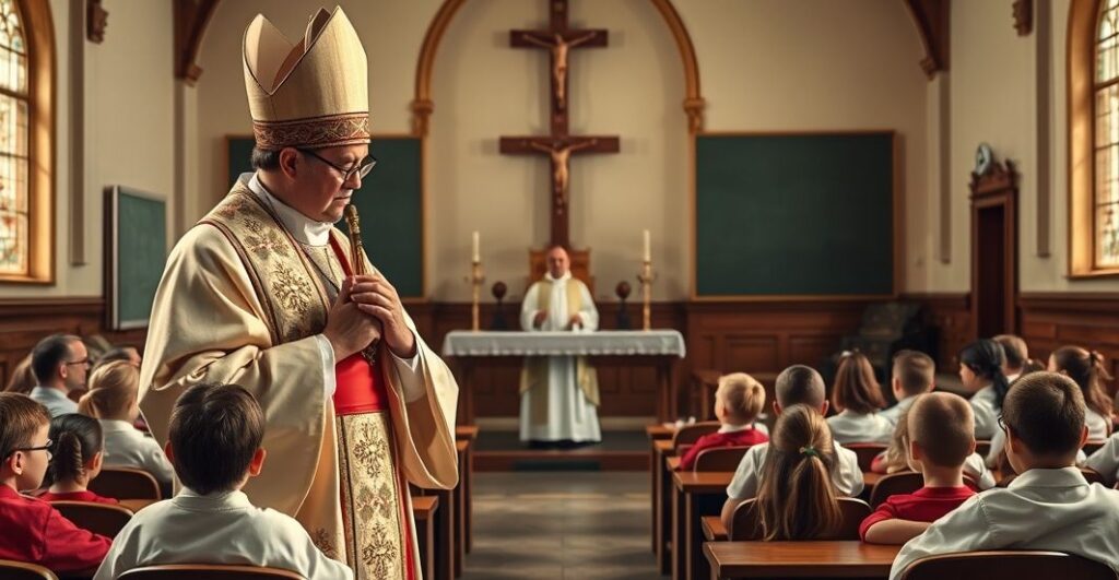 Ksiądz w sutannie z krucyfiksem przed klasą dzieci, wyraża troskę i powagę wobec nowoczesnej edukacji promującej ideologię gender, w otoczeniu kościelnym