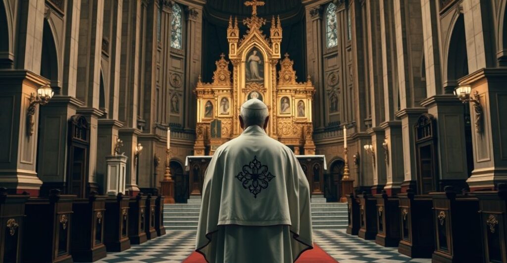 Ksiądz w tradycyjnym stroju katolickim przed ołtarzem w kościele, symbolizujący powagę i kontemplację wobec krytyki modernistycznej ekologii w kontekście katolickiej nauki