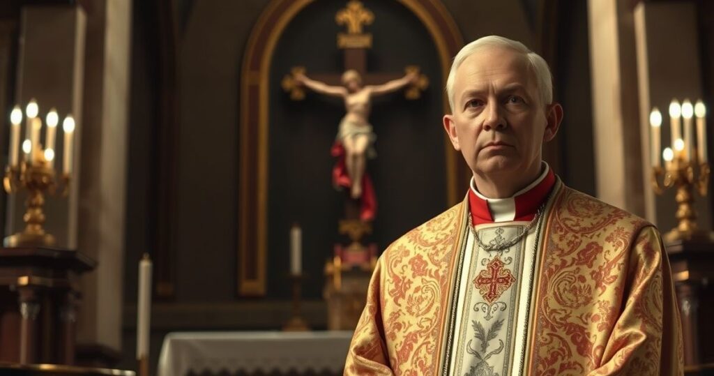 Ksiądz katolicki w ornatach stojący przed krucyfiksem w kościele, symbolizujący moralną refleksję nad tragicznymi praktykami medycznymi wobec młodzieży, ukazując powagę i wiarę.