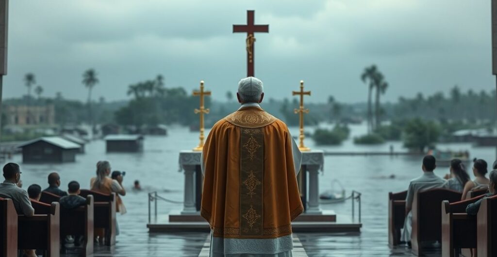 Ksiądz w tradycyjnych szatach przed ołtarzem, za nim powódź i zaniepokojone rodziny, symbolizujące krytykę modernistycznej działalności charytatywnej w Kościele katolickim.