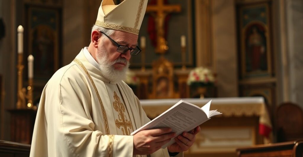 Klasztorny kapłan w tradycyjnych szatach czyta dokument w kościele, symbolizując obawę wobec modernistycznych reform i zdrady wiary