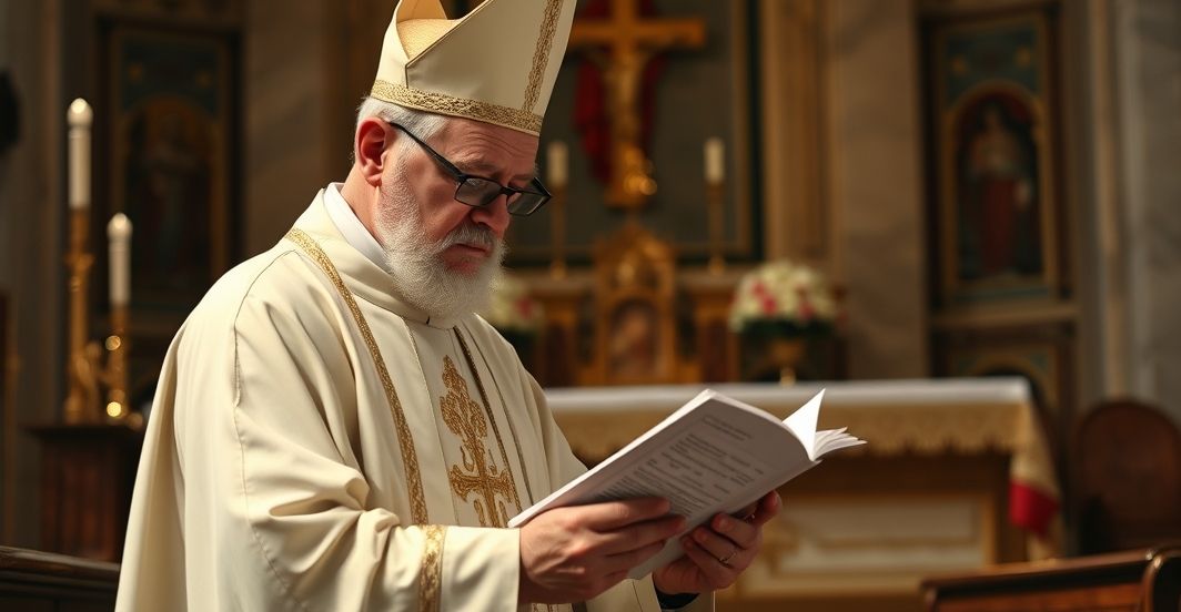 Kulturowa harmonia czy zdrada wiary? Obraz krytyki zmian w Kościele Klasztorny kapłan w tradycyjnych szatach czyta dokument w kościele, symbolizując obawę wobec modernistycznych reform i zdrady wiary