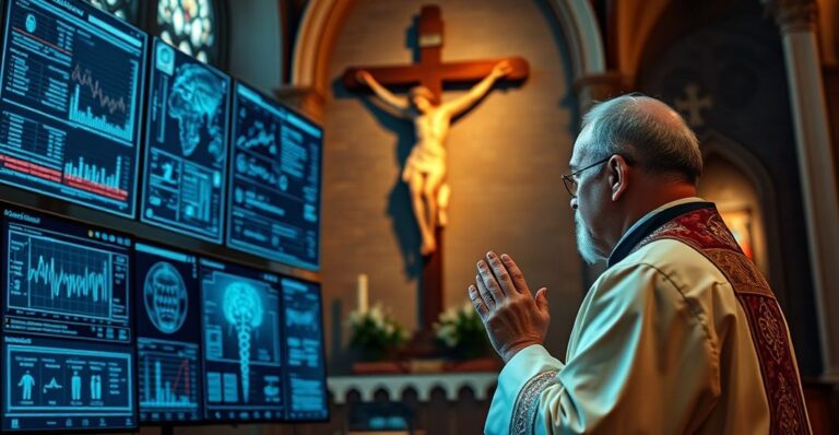 Kapłan modlący się przed krucyfiksem, obok medyczne wykresy i ekran AI, symbolizujący krytykę technokratycznej medycyny i duchowego zagrożenia
