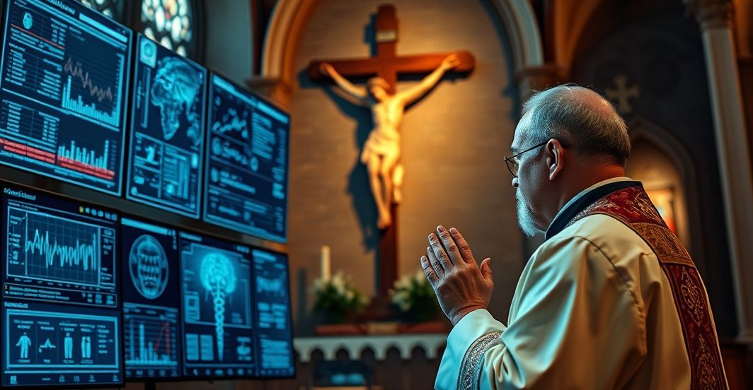 Kapłan modlący się przed krucyfiksem, obok medyczne wykresy i ekran AI, symbolizujący krytykę technokratycznej medycyny i duchowego zagrożenia