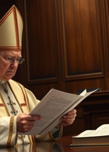 Sędzia i duchowny katolicki w sądzie podczas kontrowersyjnej sprawy aborcyjnej Sędzia i duchowny katolicki w sali sądowej podczas rozpatrywania kontrowersyjnej sprawy aborcyjnej, ukazując powagę i moralny dylemat