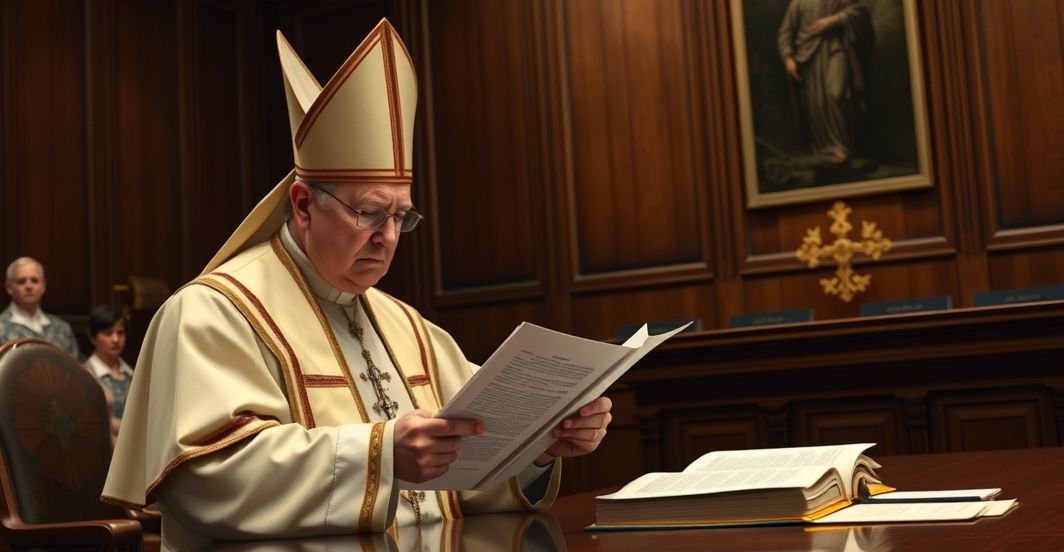 Sędzia i duchowny katolicki w sali sądowej podczas rozpatrywania kontrowersyjnej sprawy aborcyjnej, ukazując powagę i moralny dylemat