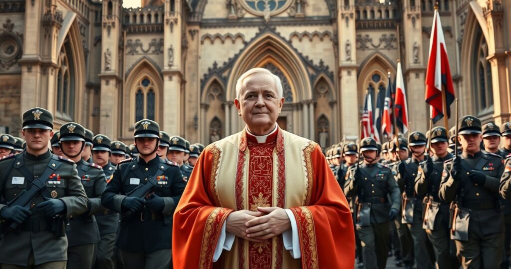 Kardynał w sutannie przed paradą wojskową, ukazując kontrast między Kościołem a wojskiem w realistycznym, szacownym ujęciu