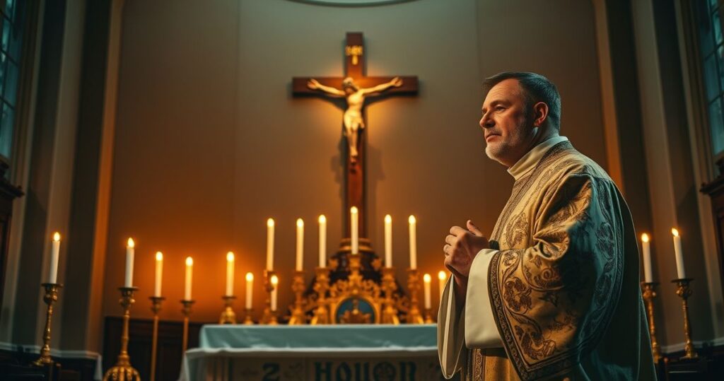 Tradycyjny katolicki ołtarz z krucyfiksem i modlącym się kapłanem w świątyni, wyraz głębokiej pobożności i czci dla Chrystusa Króla.
