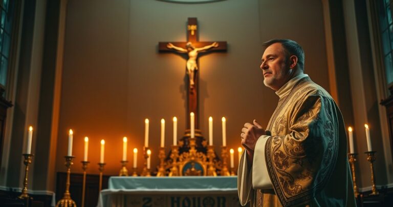 Tradycyjny katolicki ołtarz z krucyfiksem i modlącym się kapłanem w świątyni, wyraz głębokiej pobożności i czci dla Chrystusa Króla.