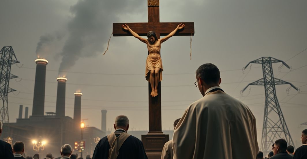 Katolicki kapłan modli się nad zniszczoną infrastrukturą w Berlinie Katolicki kapłan modli się przed krucyfiksem, za nim zniszczona stacja energetyczna w Berlinie, symbolizująca kryzys moralny i duchowy społeczeństwa