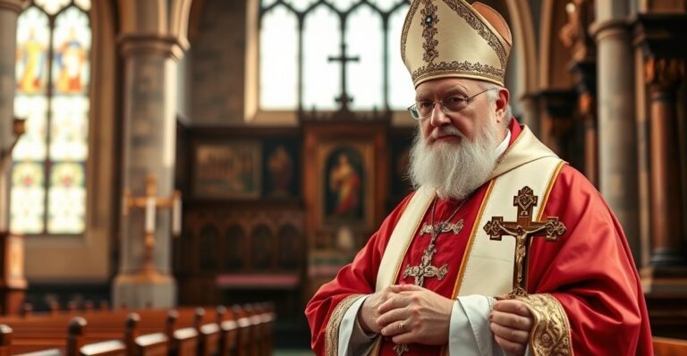 Rewersyjny obraz starszego biskupa w tradycyjnym stroju w katolickiej świątyni, symbolizujący kryzys i kontrowersje w Kościele