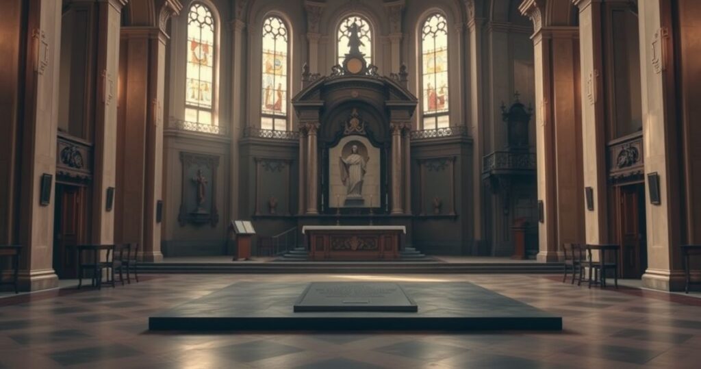 Refleksyjny, katolicki obraz kościoła z pustym miejscem po tablicy pamiątkowej w Brasławiu, symbolizujący duchowe zniewolenie narodu białoruskiego