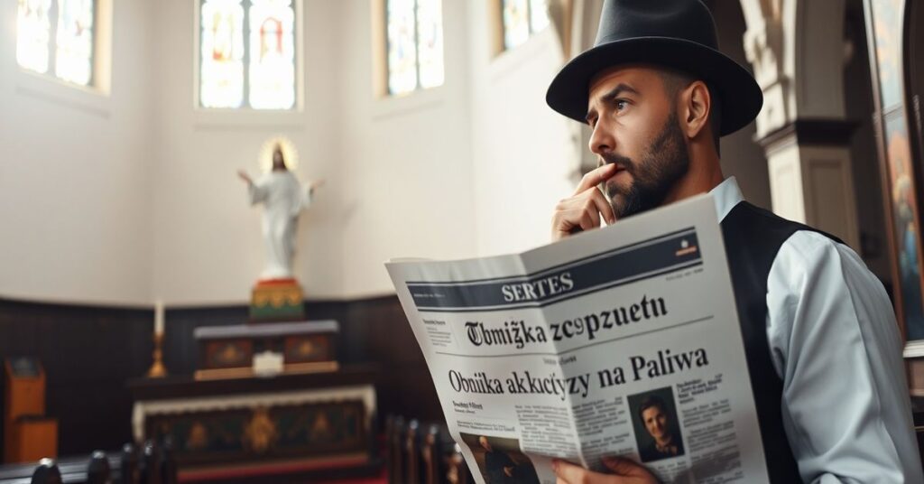 Obraz przedstawia kościół katolicki z rzeźbą Chrystusa Króla na ołtarzu, z gazetą o obniżce akcyzy na paliwa w rękach mężczyzny.
