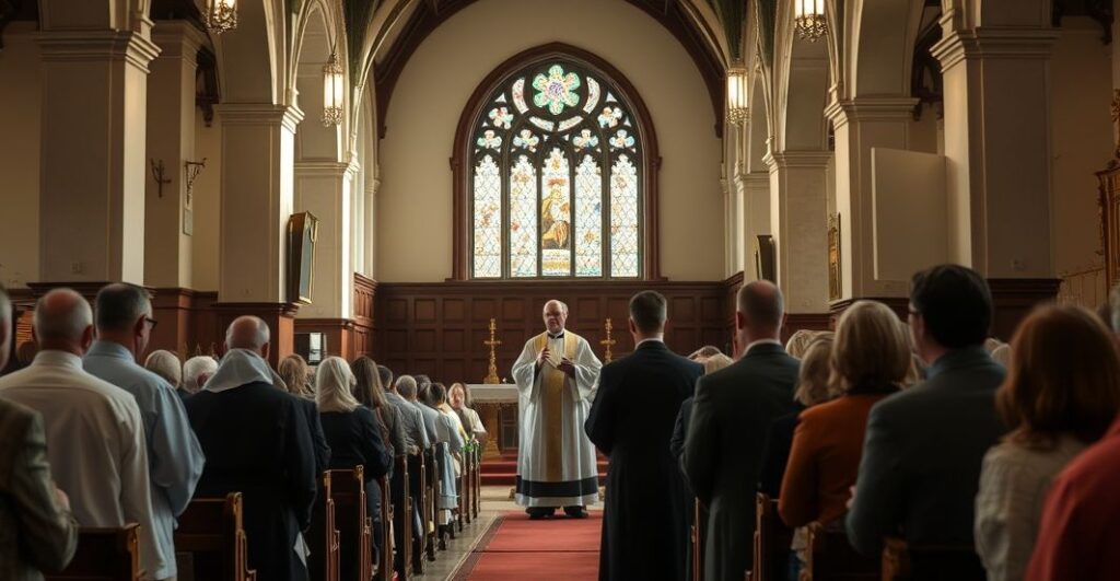 Fotografia realistyczna ukazująca katolicką liturgię podczas zgromadzenia ekumenicznego, z naciskiem na duchową powagę i odrzucenie modernistycznego dialogu
