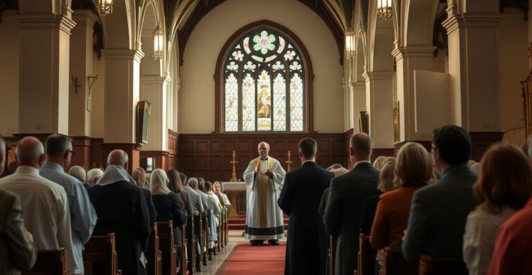 Fotografia realistyczna ukazująca katolicką liturgię podczas zgromadzenia ekumenicznego, z naciskiem na duchową powagę i odrzucenie modernistycznego dialogu