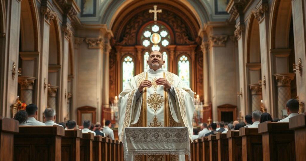 Realistyczne zdjęcie katolickiego kapłana celebrującego Eucharystię w tradycyjnym kościele, ukazujące powagę i wierność katolickiej liturgii
