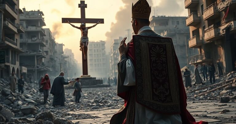 Rekolekcja katolicka, kapłan modlący się w warunkach zniszczonego Gaza, ukazująca cierpienie i potrzebę nawrócenia.