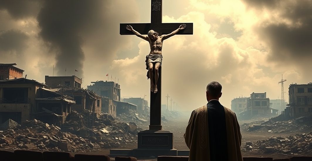 Rekonstrukcja duchowego kryzysu w Gazie, kapłan modlący się przed krzyżem wśród zniszczeń, ukazująca potrzebę prawdziwej wiary i nawrócenia