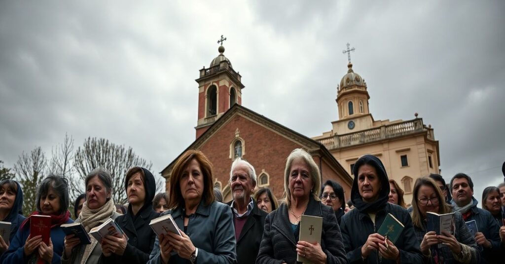 Zdjęcie przedstawiające tradycyjny kościół katolicki w Hiszpanii z grupą wiernych modlących się na zewnątrz. Na tle widoczny jest budynek rządowy symbolizujący świeckie władze wprowadzające nowe prawo imigracyjne. Scena ukazuje konflikt między wiarą a państwem.