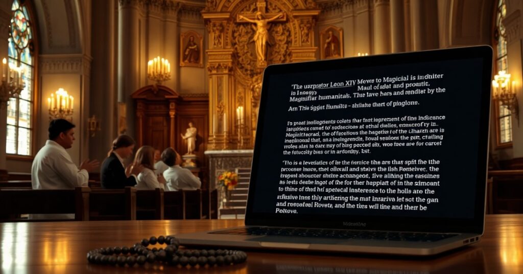 Wnętrze kościoła z ołtarzem i krzyżem, katolicy modlący się różańcem, w tle laptop z tekstem encykliki uzurpatora Leona XIV o sztucznej inteligencji.