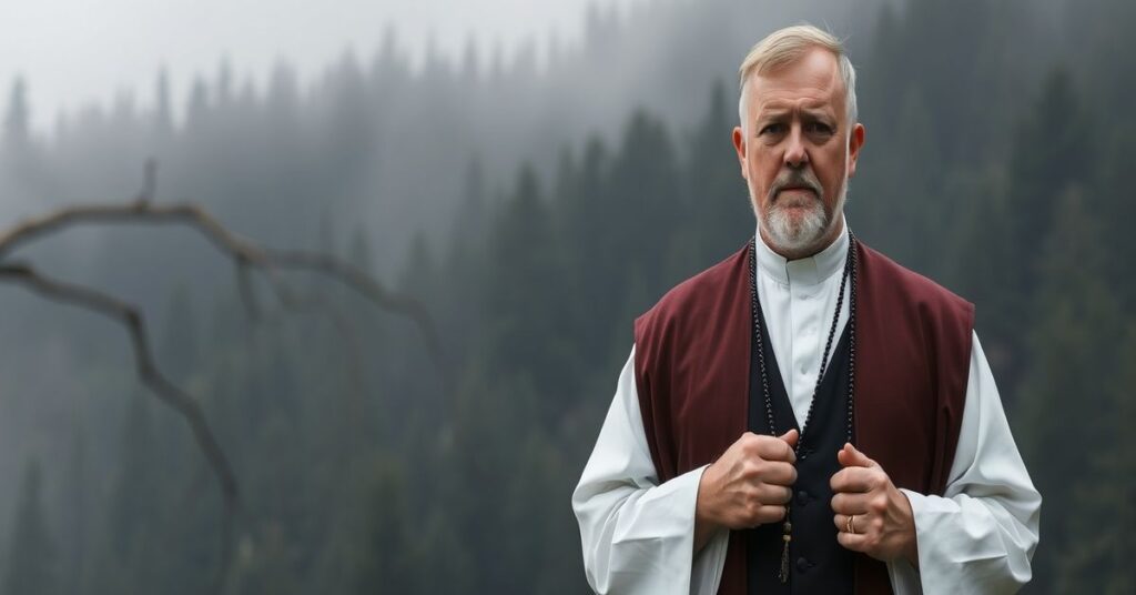 Ksiądz w tradycyjnych szatach modląc się w górach Bieszczadów, tło lasu i mgły