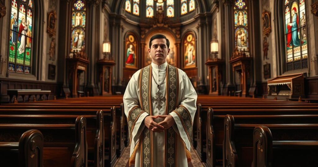 Sanktuarium katolickie z kapłanem w liturgicznych szatach, symbolizujące powagę i moralną refleksję wobec kryzysu moralnego w Kościele