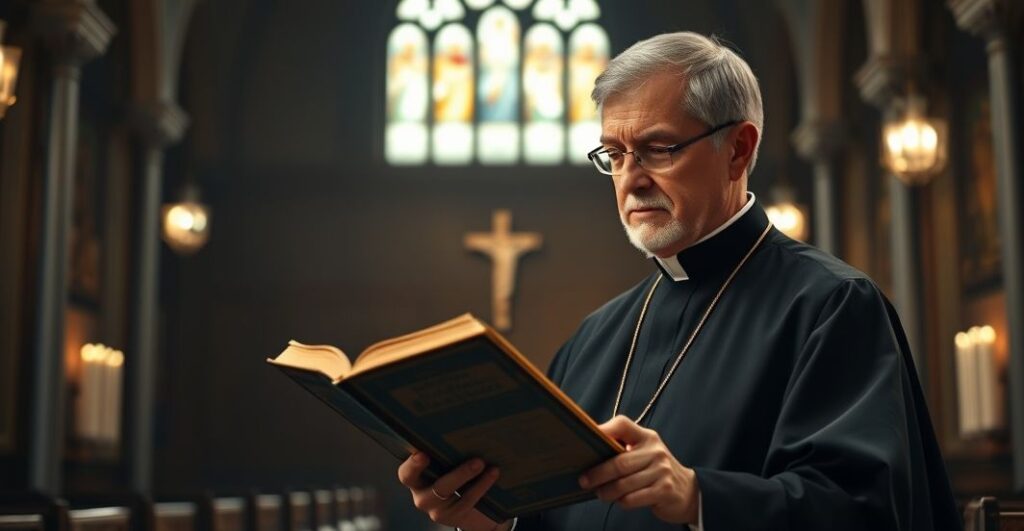 Realistyczne zdjęcie katolickiego księdza w kościele, czytającego Biblię, symbolizujące obronę prawdy moralnej przeciwko fałszywym narracjom mediów