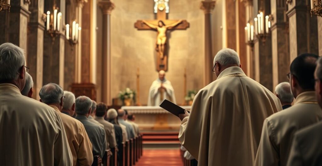 Koncelebrowana scena katolicka w kościele z kapłanem głoszącym kazanie, symbolizująca tradycyjne wartości chrześcijańskie i królestwo Chrystusa