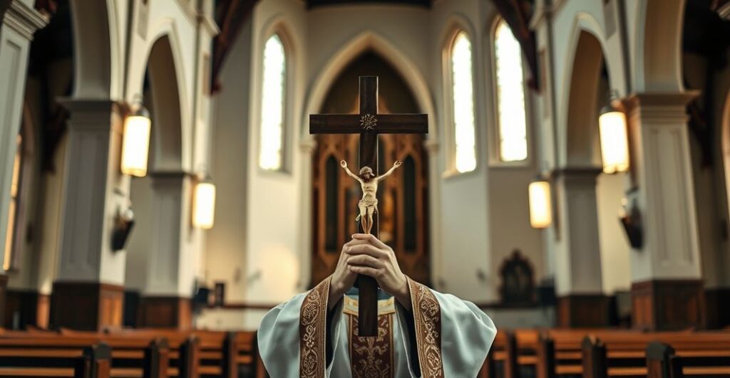 Szczera, religijna scena w kościele katolickim z kapłanem trzymającym krucyfiks, symbolizująca walkę duchową przeciw chaosowi i sekularyzmowi.