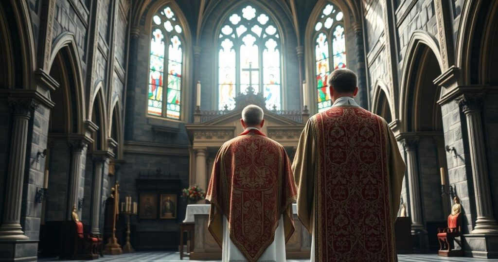 Kapłan katolicki w tradycyjnym kościele, stojący przed ołtarzem, ukazujący duchową pustkę i krytykę współczesnego oddawania czci technologii