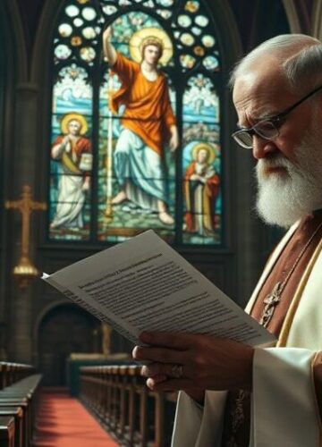 Refleksja katolicka nad kryzysem finansowym i brakiem Bożej władzy Obraz ukazujący kapłana w świątyni katolickiej, krytycznie komentującego system finansowy bez Boga, z symbolami Chrystusa Króla i ostrzeżeniem przed ekonomicznym zepsuciem.