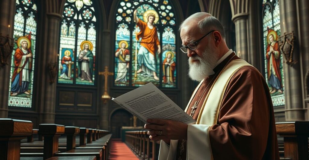 Obraz ukazujący kapłana w świątyni katolickiej, krytycznie komentującego system finansowy bez Boga, z symbolami Chrystusa Króla i ostrzeżeniem przed ekonomicznym zepsuciem.