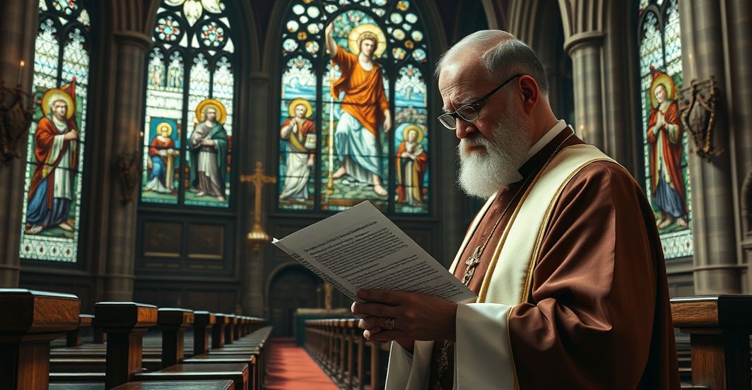 Refleksja katolicka nad kryzysem finansowym i brakiem Bożej władzy Obraz ukazujący kapłana w świątyni katolickiej, krytycznie komentującego system finansowy bez Boga, z symbolami Chrystusa Króla i ostrzeżeniem przed ekonomicznym zepsuciem.