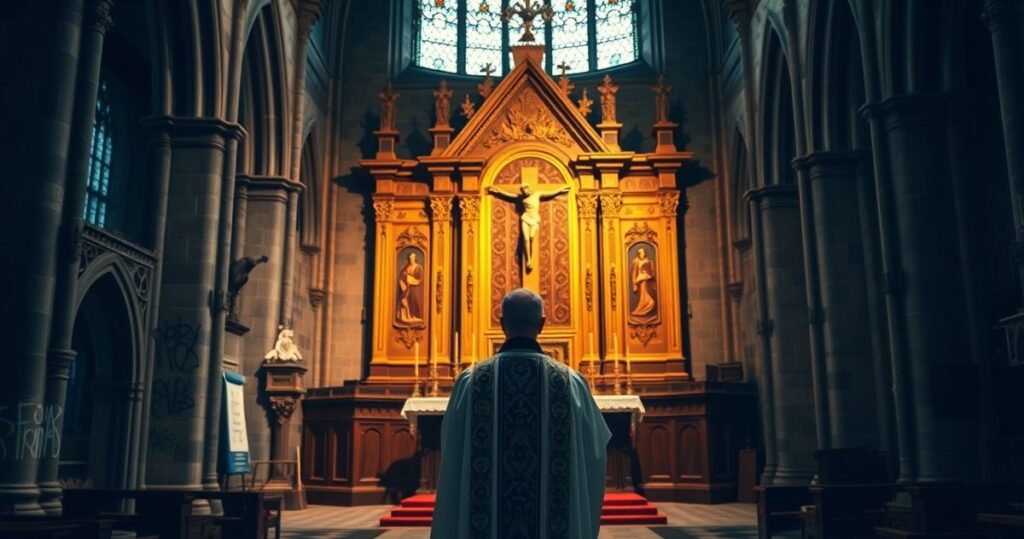 Rewersyjny obraz katolicki przedstawiający kapłana w liturgii w starym kościele, symbolizujący krytykę współczesnych nieprawości moralnych i politycznych od strony sedevacantistycznej