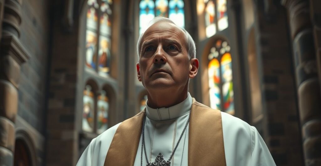 Reverent Catholic ksiądz w kościele przy krzyżu, wyraz troski nad kryzysem moralnym i utratą zaufania do instytucji świeckich