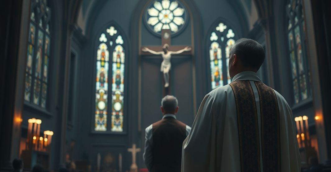 Reverent Catholic priest in church with crucifix, symbolizing Christ's kingship and spiritual authority