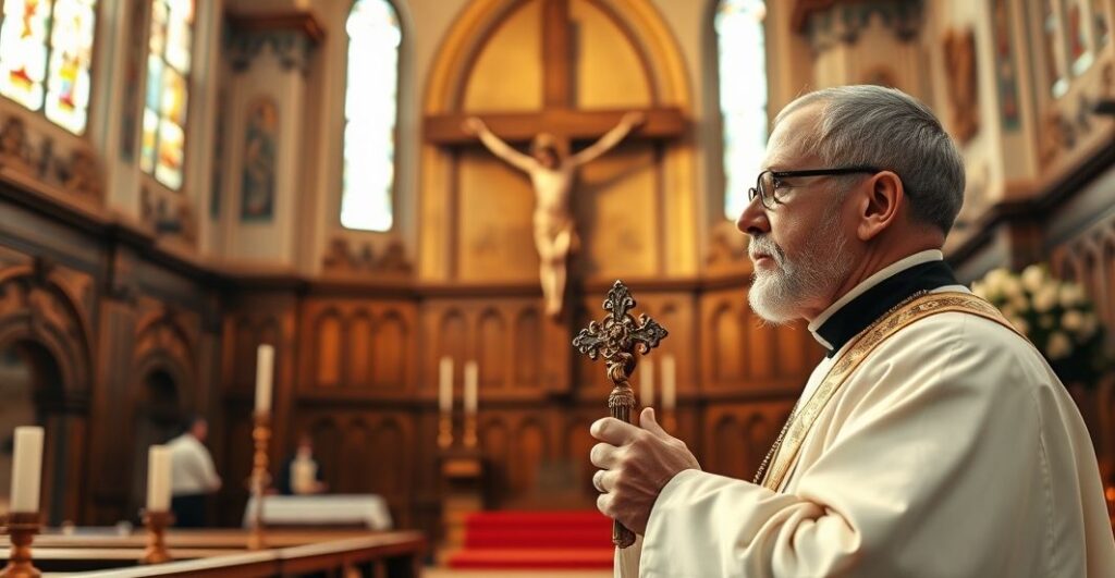 Sanktuarium katolickie z kapłanem trzymającym krzyż, obraz krytyczny wobec modernistycznej interpretacji symbolu Krzyża.